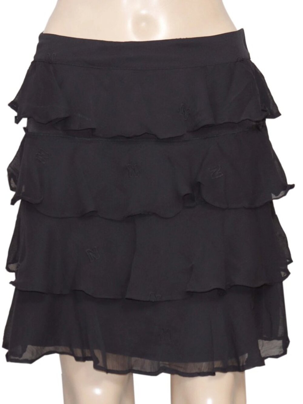 Nikkie Tiered Ruffle Banded Waist Text Embroidered Black Mini Skirt M 40